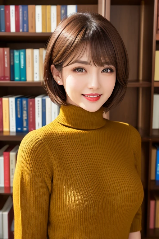 reddish brown wet shiny short hair, A hairstyle with bangs aligned in a straight line between the eyes and eyebrows, covering the forehead, double eyelid, eyelash, wide eyed, perfectly round eyes, small mouth showing slight teeth, light red lip gloss, light smile,  looking at the viewer, woman standing in front of a large bookshelf, bright sunshine,  Japanese woman, 30 years old, dark yellow turtleneck lightweight sweater, white wool pants, clavicle, photorealistic, RAW photo, 8k resolution, super detailed, highest quality, anatomically correct, masterpiece, cinematic lighting, perspective, surrealism, realistic, mature woman, whole body visible, slightly thick body type, fine texture, soft shoulders, small breasts
