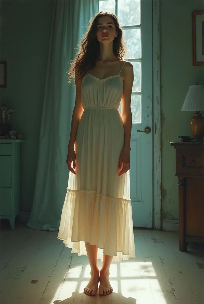 A beautifull house wife, bare feet, stand and atention, looking hypnotized 