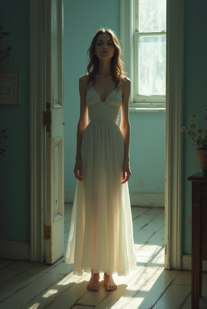 A beautifull house wife, bare feet, stand and atention, looking hypnotized