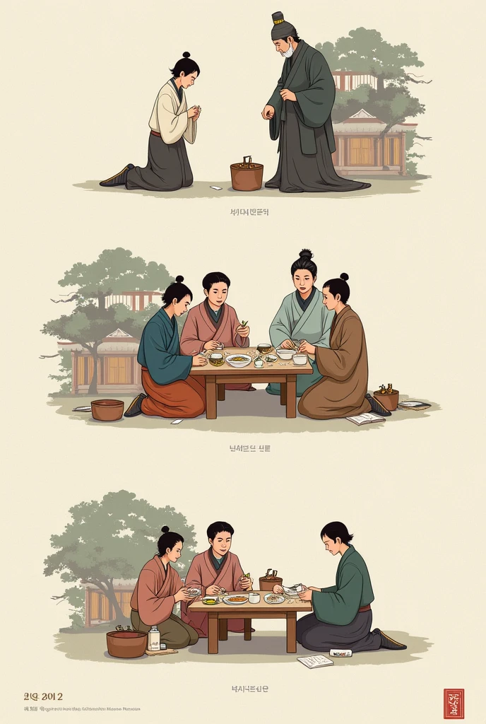 Traditional Korean Values Section:**
- **Scenes:** Three separate illustrations each focusing on:
1. Respect for elders – A young person bowing to an elderly figure.
2. Communal harmony – A group of people sharing a meal together.
3. Confucian teachings – Individuals studying Confucian texts.
- **Text Boxes:**
- "The essence of Korea is rooted in 1) Respect, 2) Community, and 3) Learning."
- "1) Bowing to elders, 2) Sharing meals, 3) Studying Confucian texts."