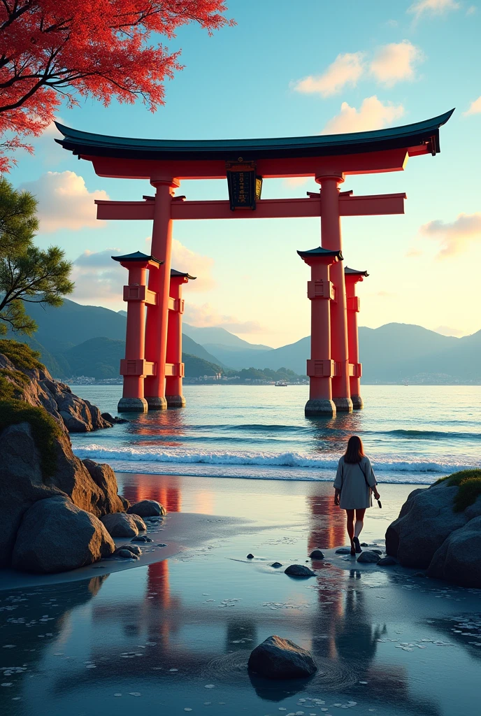 A landscape depicting Itsukushima Shrine in Hiroshima。The large vermilion torii gate floating on the calm sea is the symbol of the shrine.、Blue sky and green mountains々It stands out vividly against the background of。Calm waves spread out in front of the torii gate.、When the tide goes out, the tidal flats appear and you can walk right up to the torii gate.。The shrine corridor stretches along the sea.、Visitors々is walking slowly while enjoying the beautiful scenery.。Behind、There is a main shrine where history and nature coexist in harmony.、There is a solemn atmosphere。In the evening、The torii gate and shrine are illuminated by the setting sun.、A fantastic landscape unfolds alongside the golden sea.。