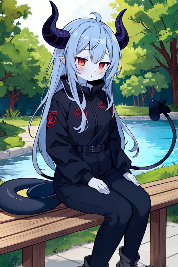 masterpiece, Highest quality, Moyocca_Bodysuits, One girl, Grey Skin, Demon Horns, Blue Hair, alone, tail, Outdoor, Sitting, 