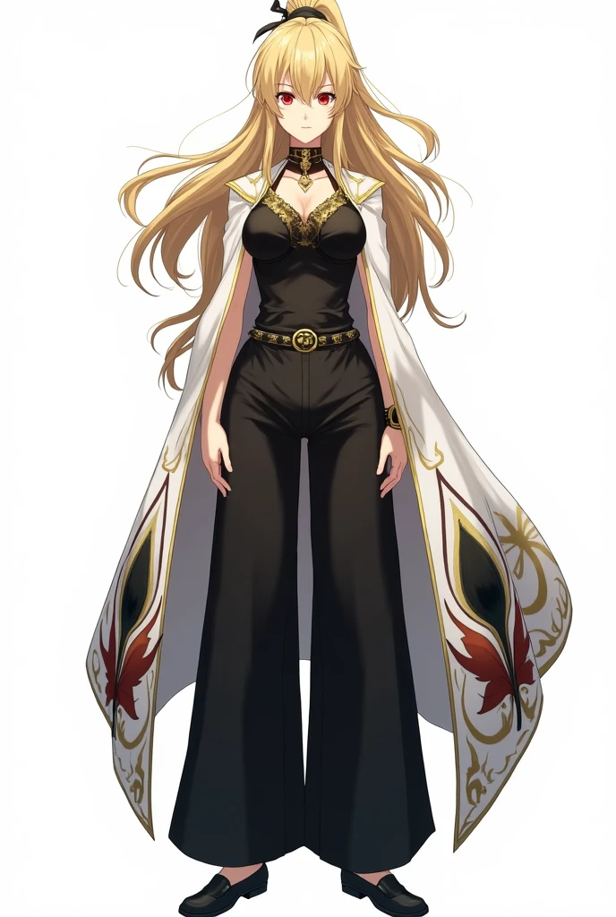 draw in anime style in full growth on a white background: a tall woman with blond hair, bangs in 2 sides, and a high ponytail. She wears a black tank top with gold detailing, and on top of the tank top is a white long cape with wide sleeves with black, white and red peacock feather detailing. She is also wearing black wide pants and black shoes. She also has a hairpin with a black, white and red peacock feather on her head. Her eyes are red and not big. She also has gold accessories on her head. Make her expression serious or in a dynamic pose