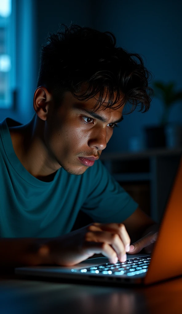 young brazilian man working on notebook focused with sweat running down his face in night light show entire notebook