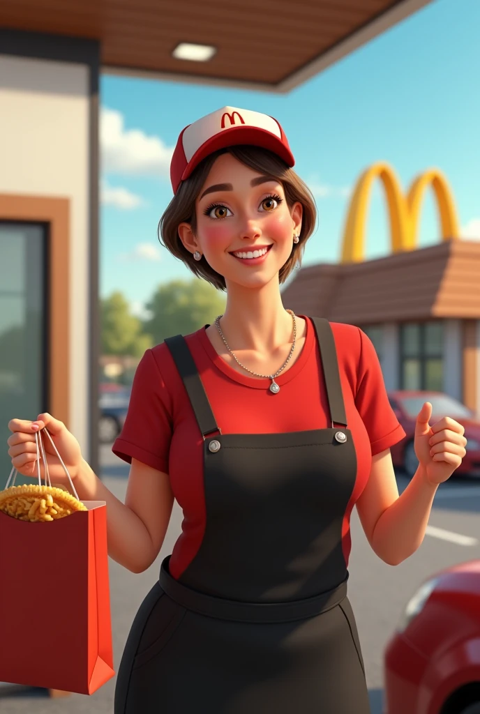 Context: A sunny day at the McDonald's drive-thru.
Character: A 50-year-old woman with short-cropped brown hair. She has a generous bust and wears the iconic McDonald's uniform, a red t-shirt and black apron, with a McDonald's cap.
Action: She holds a bag full of orders outwards, with a big smile on her face.
Style: Realistic, real life