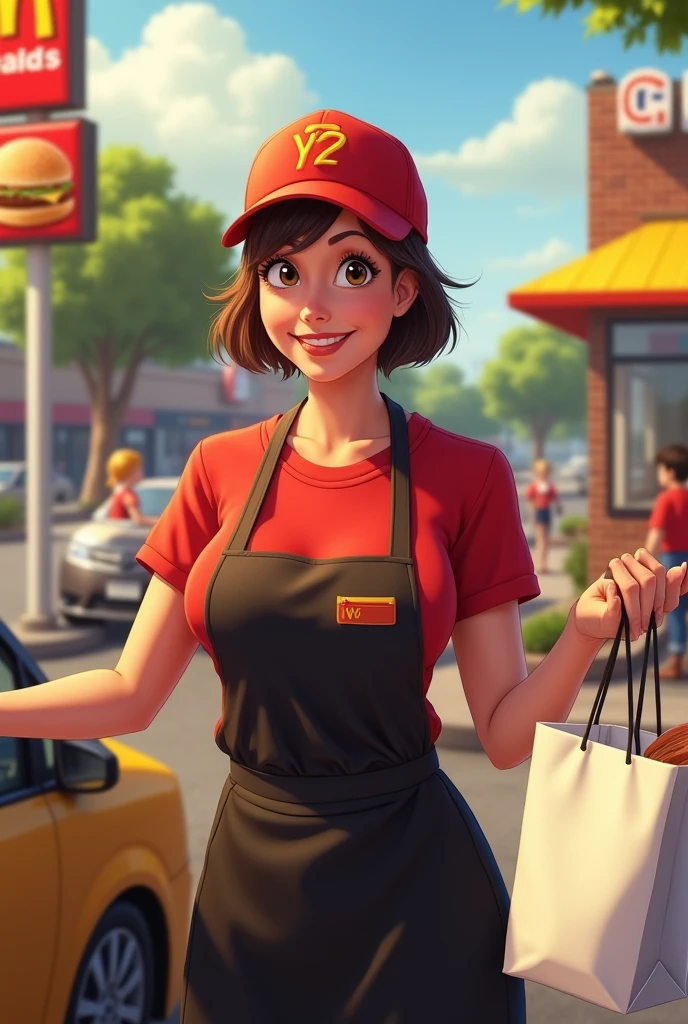 Context: A sunny day at the McDonald's drive-thru.
Character: A 50-year-old woman with short-cropped brown hair. She has a generous bust and wears the iconic McDonald's uniform, a red t-shirt and black apron, with a McDonald's cap.
Action: She holds a bag full of orders outwards, with a big smile on her face.
Style: Realistic, real life