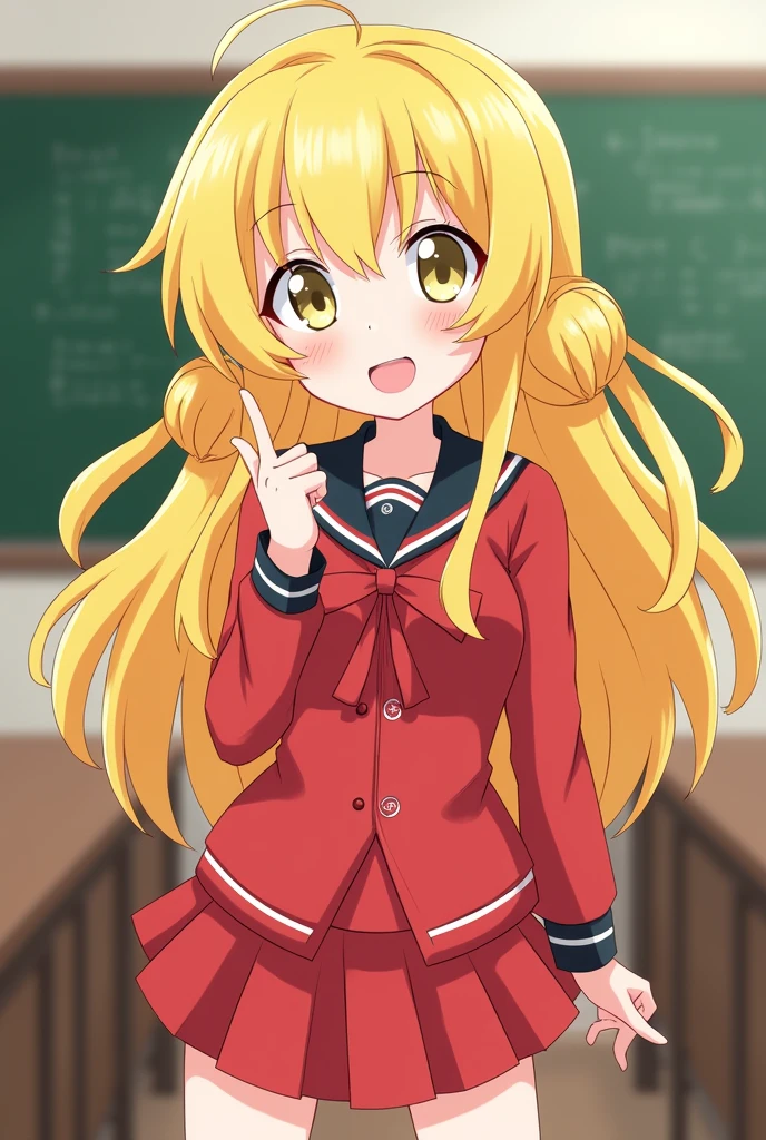 School,classroom,A Japanese girl,Mid-chest,Long yellow hair with double diamond curls, Red student uniform,Short skirt,Bright Eyes,Lively expression,One finger is worth you,One hand on waist