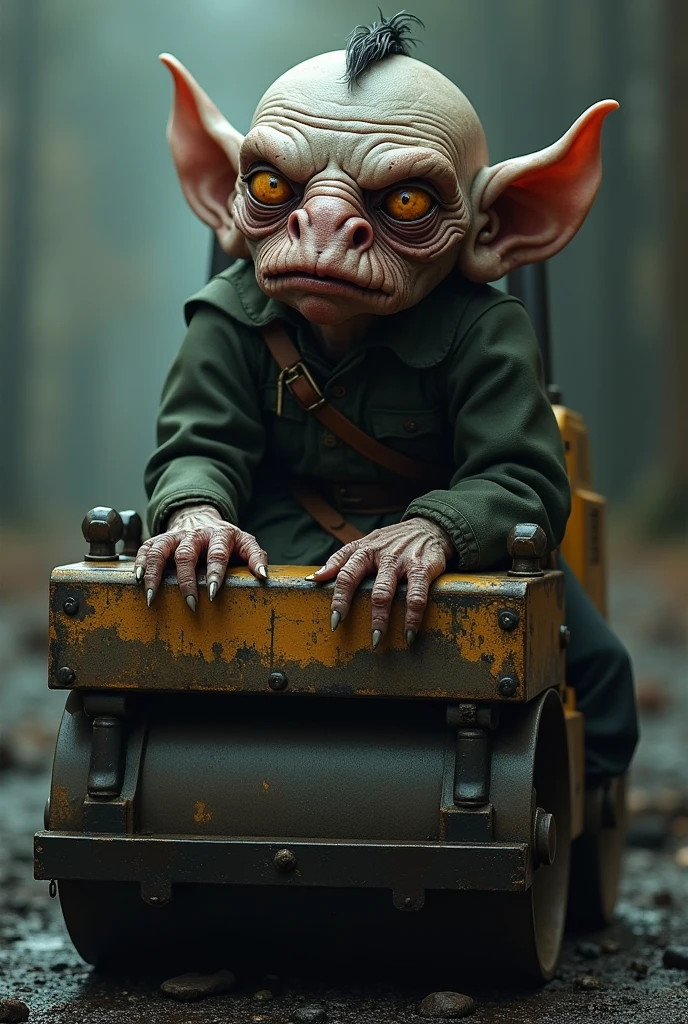 Ugly dwarf with a big nose who looks like Gollum with a bob on his head on an asphalt compactor