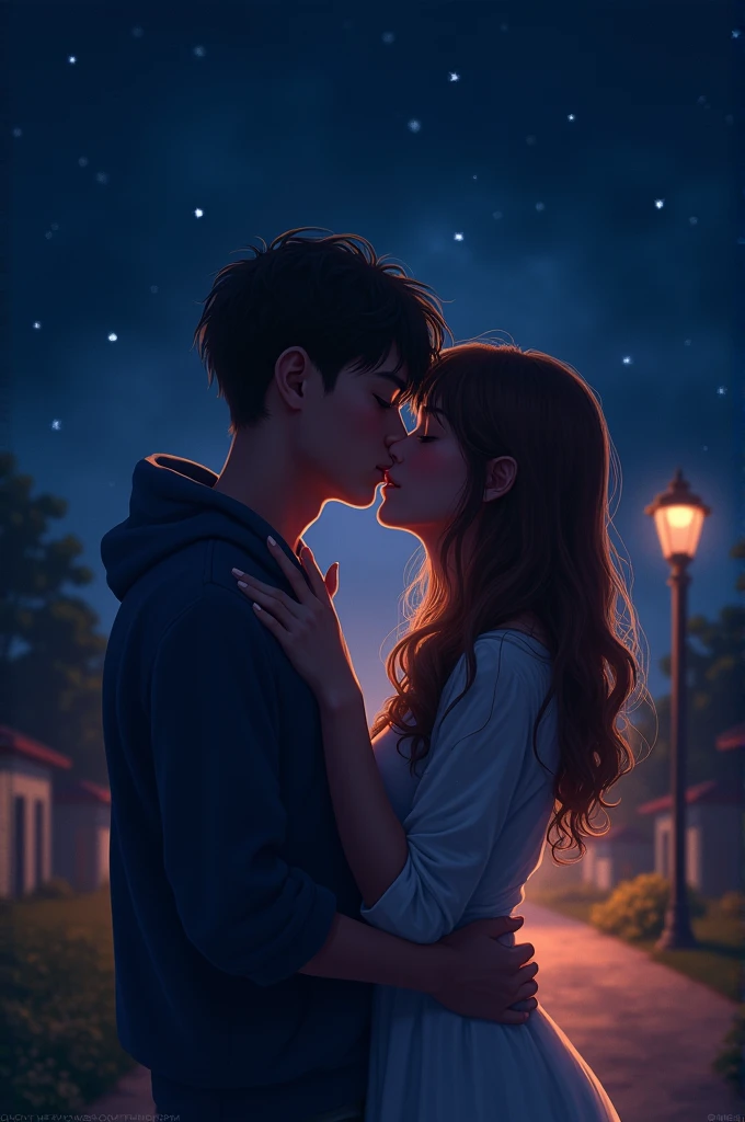 Teenager couple kissing,night,hug