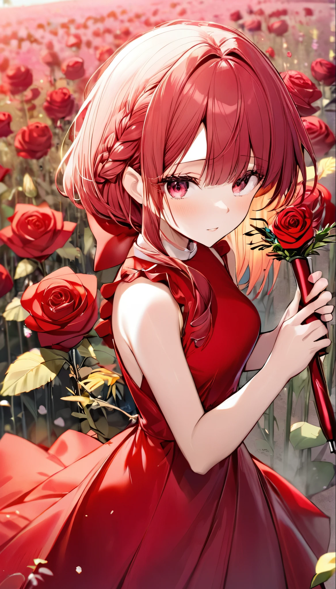 1 girl, solo,berasts,rose,red dress,Hand holding a baton,Flower field