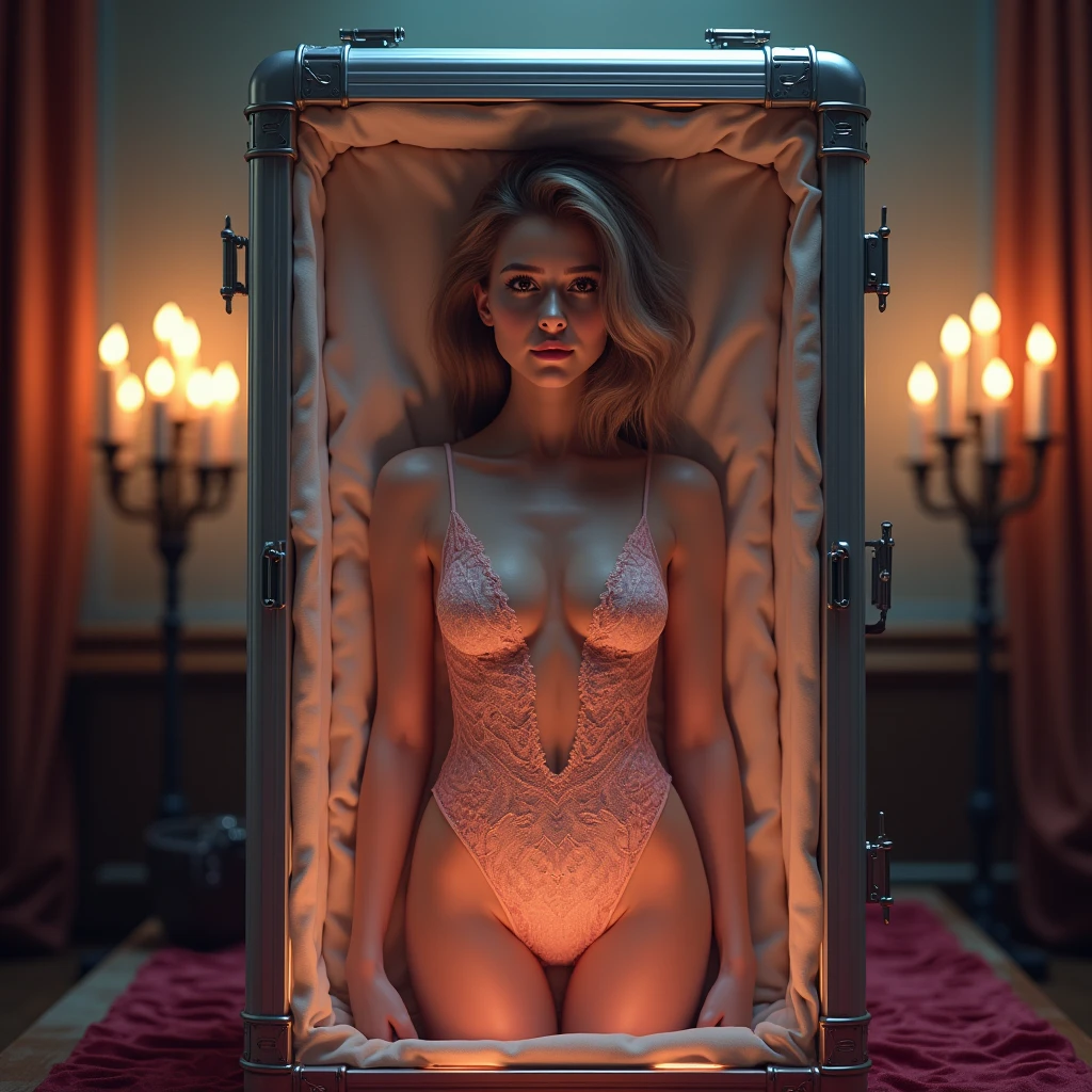 Female clone for sexual use, packed in a duralumin case with urethane cushion, she is sandwiched between the urethane cushion and stands upright in the duralumin case, superhuman beauty, ultimate beauty, wearing a very pale pink lace luxury bodysuit, beautifully crafted bodysuit, detailed duralumin case, she is standing upright, beautiful, seductive and exquisite face that makes men erect, seductive and exquisite eyes that make men erect, seductive and exquisite lips that make men erect, long eyelashes, seductive white skin that makes men erect, seductive and exquisite body parts that make men erect, seductive and exquisite décolleté that makes men erect, seductive and exquisite large breasts that make men erect, seductive and exquisite navel that makes men erect, seductive and exquisite crotch that makes men erect, seductive and exquisite thighs that make men erect, detailed duralumin case lid, luxury, glowing candlelight, sensual lighting, vibrant colors, cowboy shot, atmospheric perspective, depth of field, Hyperrealism, Realism, anatomically correct, textured skin, best quality, UHD, highres, masterpiece, accurate, 8k, 16k