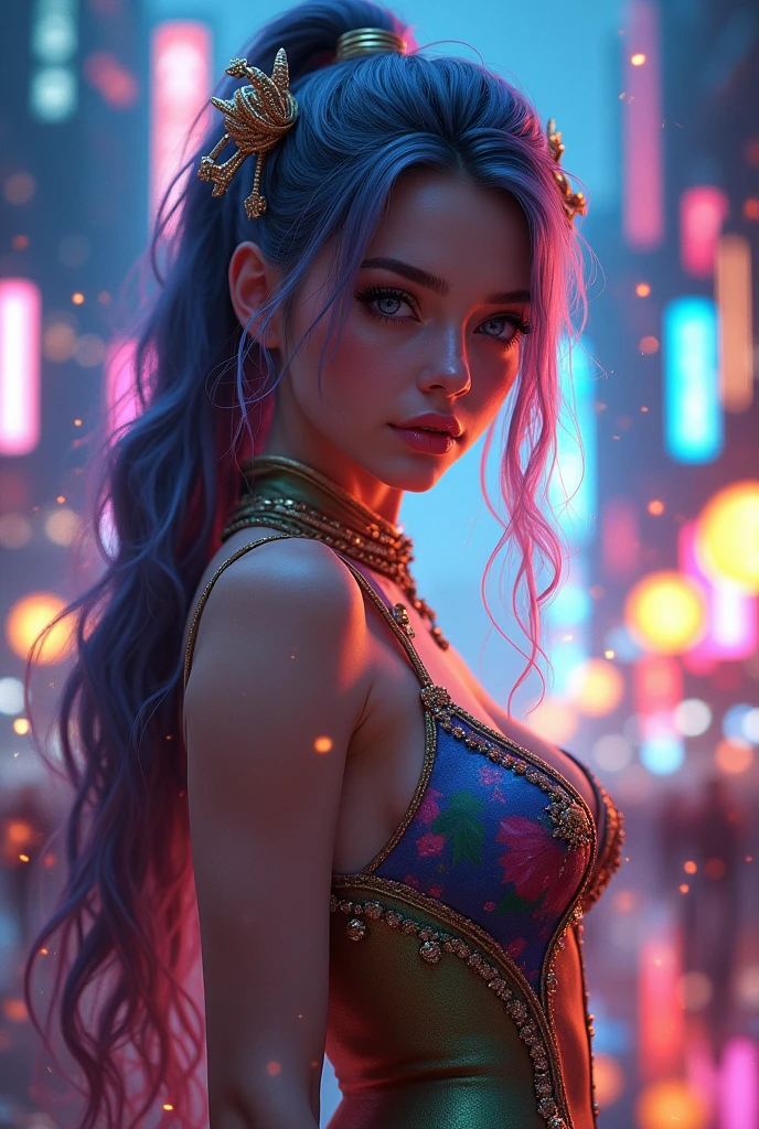 4k, UHD, masterpiece, 1 girl, good face, ((detailed eyes)), very long hair, impressive hairstyle, perfect brasts, fantasy clothing, colorful clothing, (strips:1.3), night city, building, lamps, depth of field, reflection light, ((sparkle)), chromatic aberration,