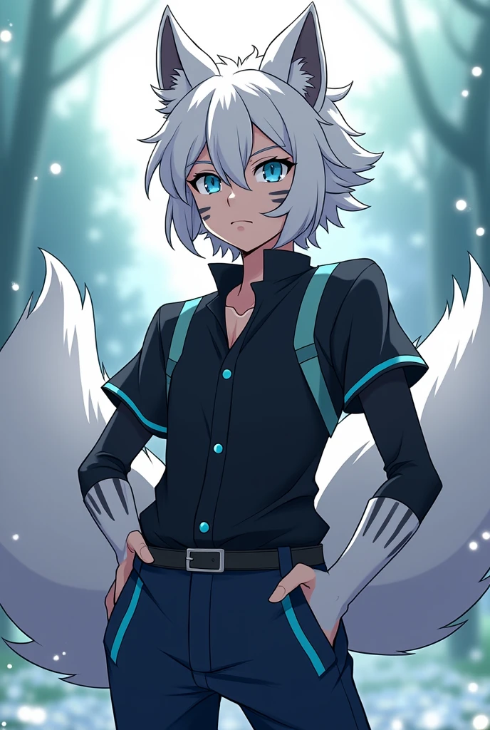 He is a boy, that looks like an alpha fox hybrid ,has a dominant appearance. His expression is cold and serious.. Her hair is white and has few curls. , She has light blue strands in her hair , Her eyes are a pastel blue color. The clothing is a black shirt with light blue , his navy blue pants. He has a calm look. That it has a theme of the anime my Hero academy. It has two furry fox tails on the back and also has light blue locks..He has black cat-like markings on his face.. Half of his legs and arms from the elbow down are wolf fur.. It has a medium size.