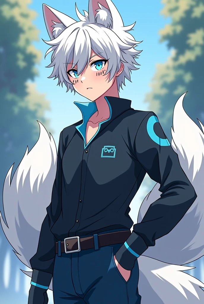 He is a boy, that looks like an alpha fox hybrid ,has a dominant appearance. His expression is cold and serious.. Her hair is white and has few curls. , She has light blue strands in her hair , Her eyes are a pastel blue color. The clothing is a black shirt with light blue , his navy blue pants. He has a calm look. That it has a theme of the anime my Hero academy. It has two furry fox tails on the back and also has light blue locks..He has black cat-like markings on his face.. Half of his legs and arms from the elbow down are wolf fur.. It has a medium size.