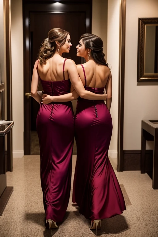 Two beauties in tight long bridesmaid dresses,The back is charming, seductively leading each other into hotel room, lesbian, kiss, erotic (full body)