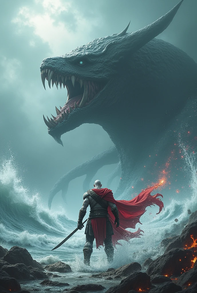 Show me Kratos from god of war fighting over thousands of sea leviathans in the middle of the ocean with the help of Dante from DEVIL MAY cry 