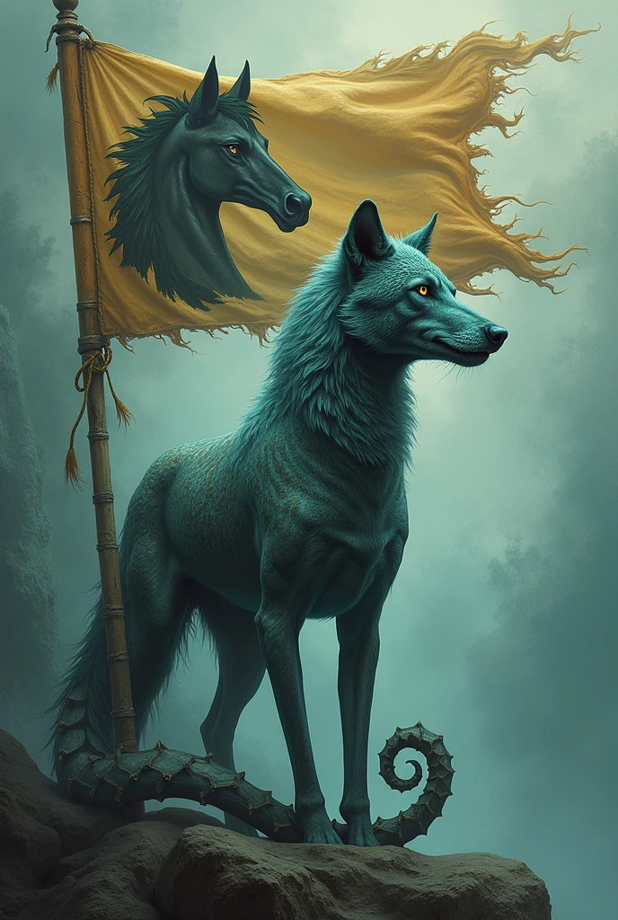 A wolf and a seahorse with a horse&#39;s head flag 