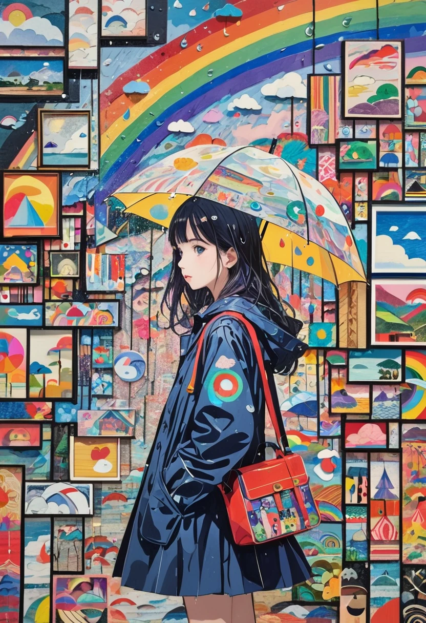 (masterpiece, best quality),
woodblock print collage depicting,tween girl,side view,she is surrounded by rainbow and raindrop symbols,detailed face,school-uniform,street,rain coat,typhoon and cyclone and hurricane,colorful, collage art, contemporary artistic collage,