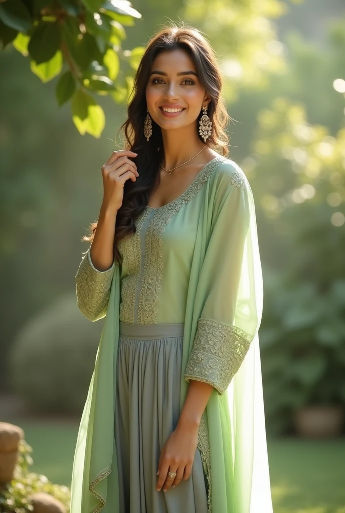 Woman wearing light pista kurta and grey patiala pant