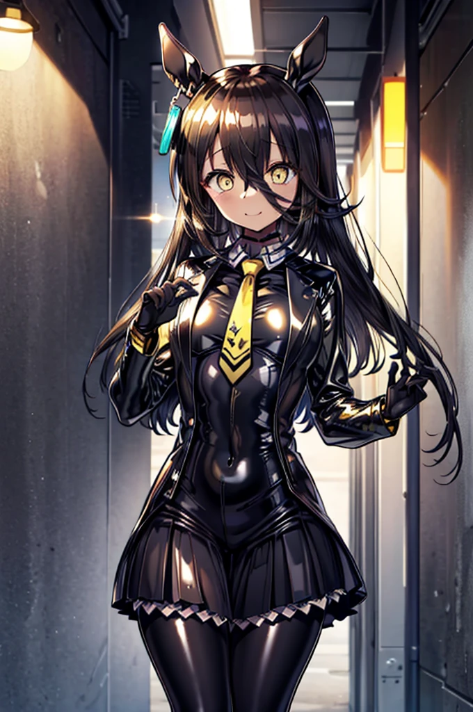 masterpiece, Highest quality:1.2), Manhattan Cafe(umamusume), One Woman, alone,Glowing Skin、Yellow Eyes、Eyes without highlights、Thick legs、Are standing、Cowboy Shot、smile、((latex))、Shiny black skirt, A shiny, black business shirt、Shiny yellow tie, Glossy black jacket,pantyhose、