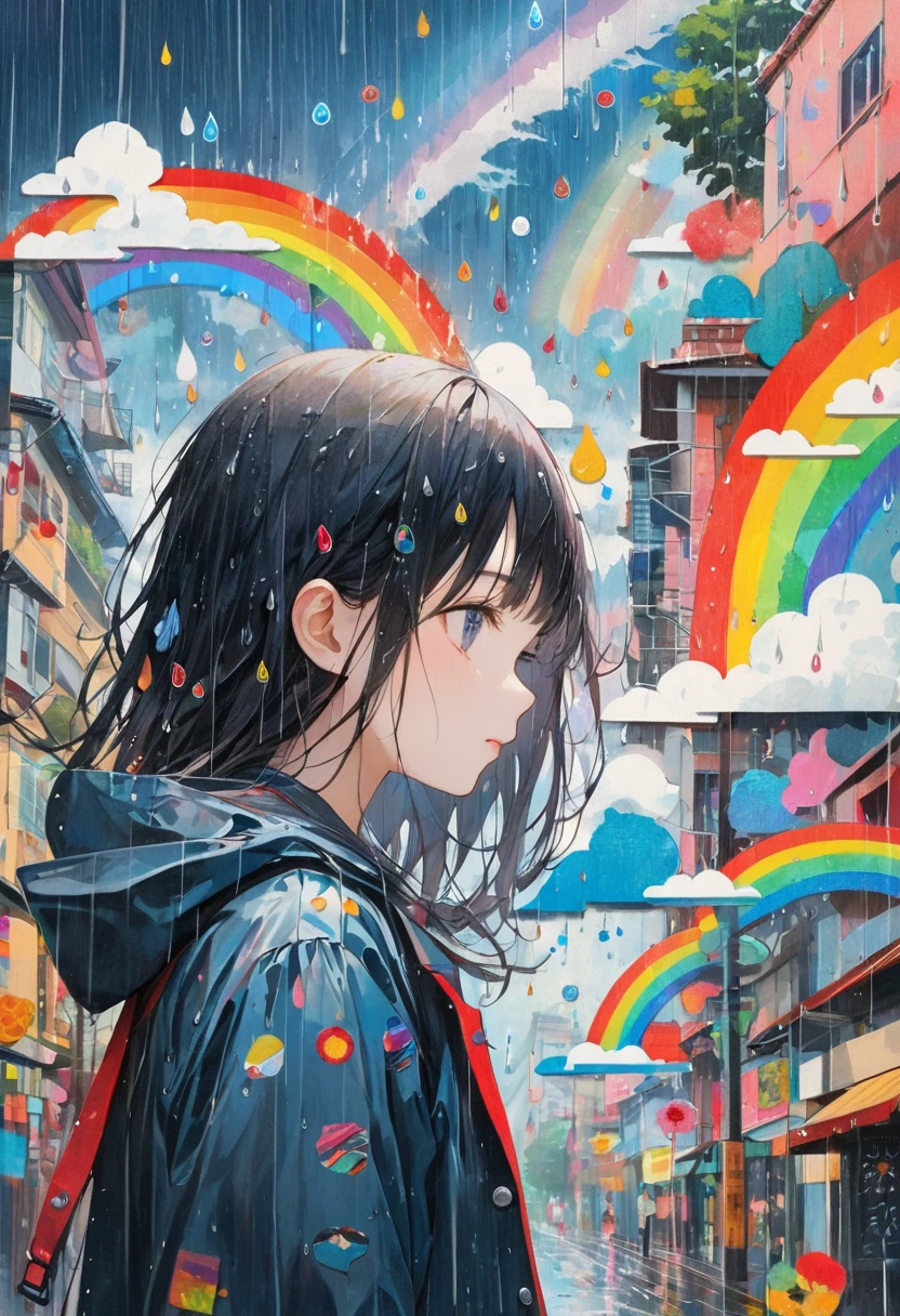 (masterpiece, best quality), woodblock print collage depicting,tween girl,side view,she is surrounded by rainbow and raindrop symbols,detailed face,school-uniform,street,rain coat,typhoon and cyclone and hurricane,colorful, collage art, contemporary artistic collage,