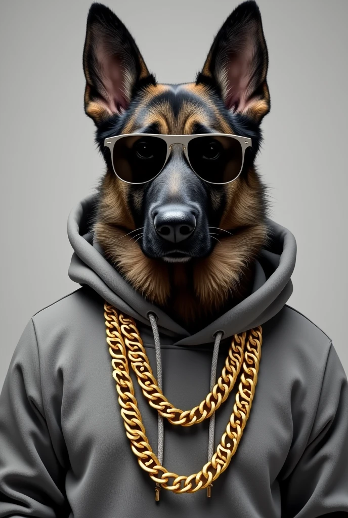 German shepherd dog with a grey hooded sweatshirt and sunglasses. And gold chains that say Fernando Ch. In large chain