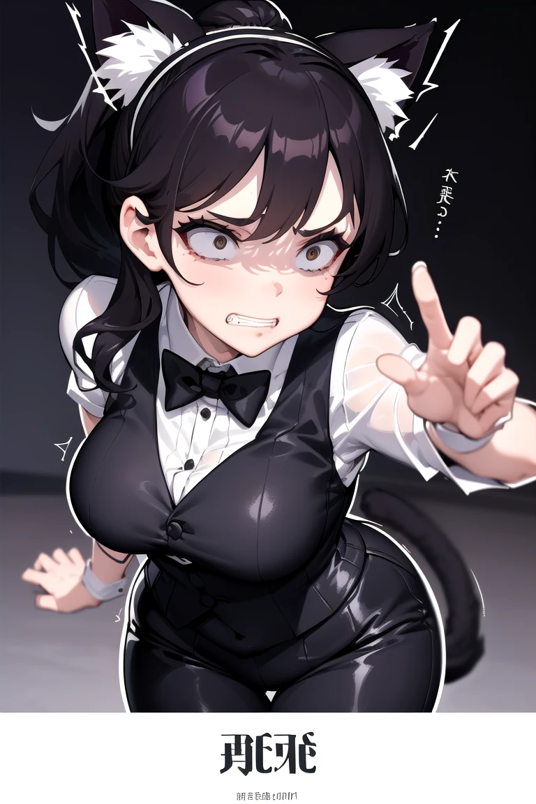 1girl, constricted pupils, clenched teeth, a woman showing angry, ponytail, black eyes, dark brown hair, gradient hair, portrait, solo, Adult woman, best perfect anatomy, thin, ray of light through hair, medium breasts, curvy body, close up shot on person, close up shot on person, pov_doorway, a woman showing his hand, mature woman standing poses, kitten cat ear headband, white shirt, black tie, format black vest, Long-sleeved shirt, white format gloves, black trousers, dynamic angle. perfect dynamic composition, foreshortening, dramatic shading, night days, volumetric lighting, hotel room background,