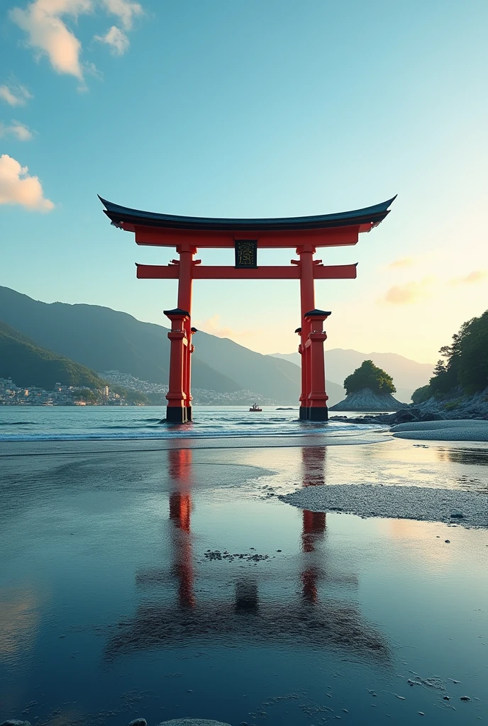 A landscape depicting Itsukushima Shrine in Hiroshima。The large vermilion torii gate floating on the calm sea is the symbol of the shrine.、Blue sky and green mountains々It stands out vividly against the background of。Calm waves spread out in front of the torii gate.、When the tide goes out, the tidal flats appear and you can walk right up to the torii gate.。The shrine corridor stretches along the sea.、Behind、There is a main shrine where history and nature coexist in harmony.、There is a solemn atmosphere。In the evening、The torii gate and shrine are illuminated by the setting sun.、A fantastic landscape unfolds alongside the golden sea.。