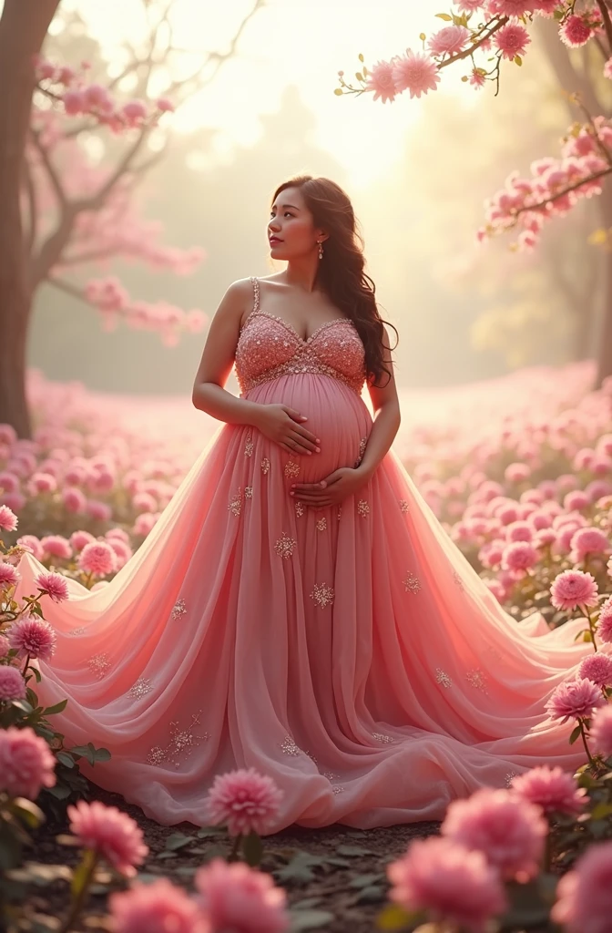 pregnant woman in pink dress standing in a field of flowers, a picture by Arthur Pan, pixabay contest winner, fantasy art, maternal photography 4 k, dressed in a pink dress, wearing pink floral gown, lady with glowing flowers dress, full body portrait shot, in pink forest, pregnant belly, very magical and dreamy, pregnancy, full body picture, soft elegant gown