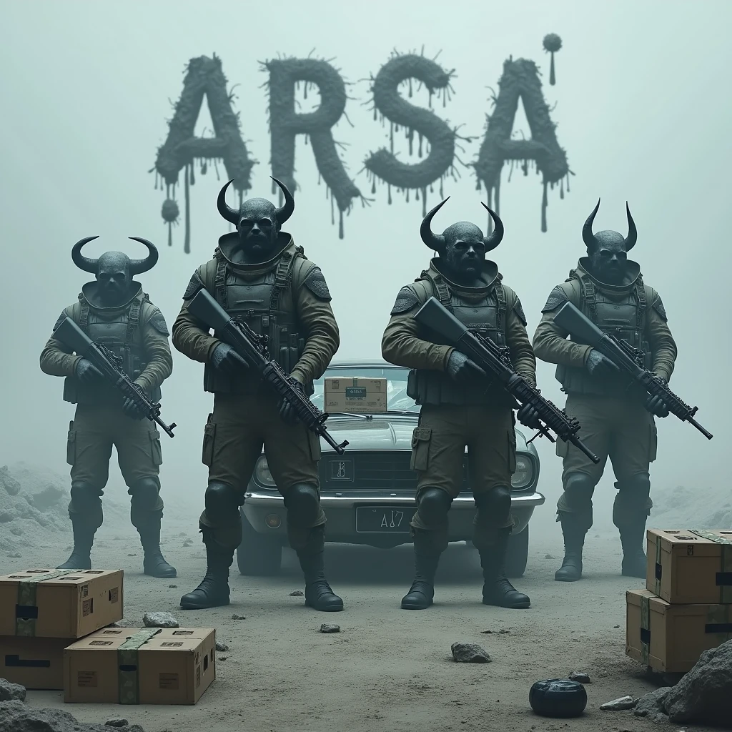 4 soldiers looking like half demons standing in a battlefield holding different advance guns. Between the 4 soldiers there is a car loaded with ammunition and medkit and the number plate has "ARSA" written on it. In the background of image "ARSA" is written in demonic font and cold colours. There are deats crates around the soldiers 