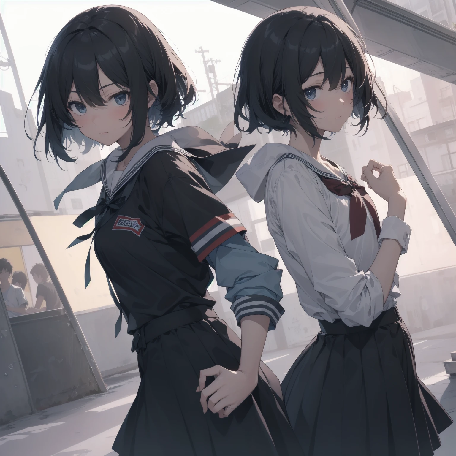 ultra-absurdres-Top quality by artist God, ultra-detailed, high resolution, anime moe artstyle, best anime 8k konachan wallpaper, pixiv contest winner, pool:2810, perfect anatomy,break, 1girl, (Please draw a girl walking sleepily to school alone. )break,(Solo,little female,:1.3),Full limbs, ,a junior high school student, (very short hair), short cut, flat chest, , small butt, small black eyes, beautiful detailed eyes, well-proportioned iris and pupils, expressive eyes, highres detailed hair, soft expression, salor school_uniform, sailor collar, serahuku, bow, pleated skirt,(Detailed Lighting), (Detailed background), in the School commute route. break,super detailed skin, Best cinematic lighting powered by famous artist, 8k,beauty illustration,photoshop_(medium),very aesthetic,break,((artist:takeuchi_takashi )), artist:clamp ,artist:carnelian ,artist:kantoku ,