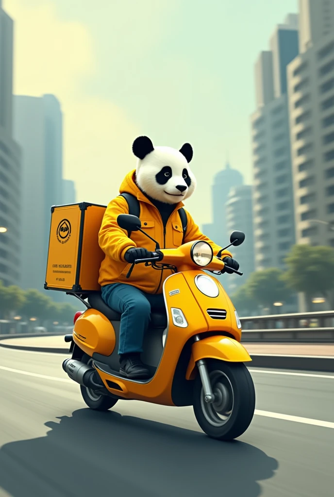 Pandinha Bear, in a yellow uniform, with the super economical name logo, riding a motorbike, with a delivery backpack on his back, Futurism, Social realism, Minimalism, Minimalism, motion lines