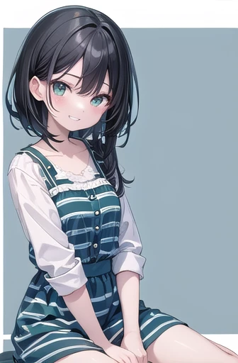 alone, woman, Black hair looking to the side Blue stripes, wear, Green Dress, Cute Face, Grin, Medium chest