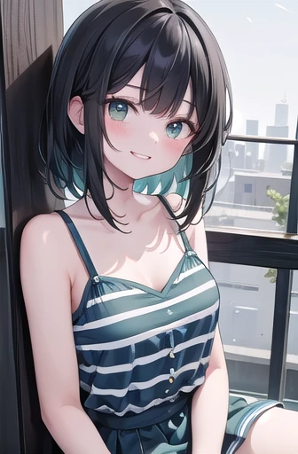 alone, woman, Black hair looking to the side Blue stripes, wear, Green Dress, Cute Face, Grin, Medium chest