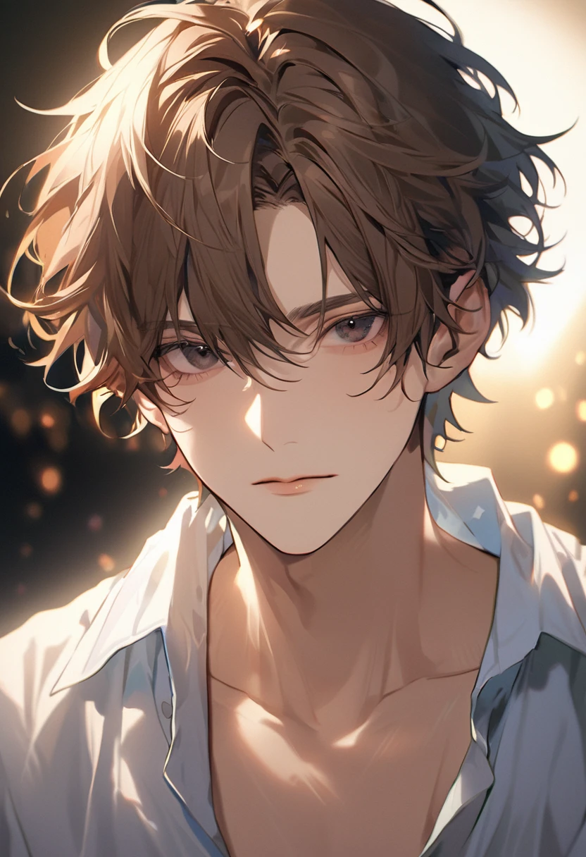 1peopleのmale性, shirt、乱れたtie、tie、short hair、male、Fluffy hair, Beautiful illustrations, (Natural Side Lighting, Cinema Lighting), Detailed and perfect face, Glowing Skin, Baby Face,Brown Hair, black eye, Long eyelashes, ,Beautiful Hair, Beautiful Face, Beautiful body,maleのpeople１people、Portrait、28歳のmale、cool、Handsome、Highest quality、Hesitant look