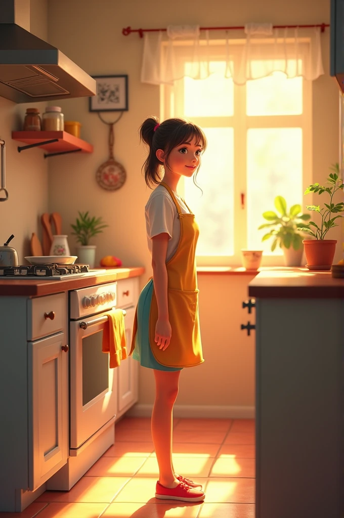 girl in the sun-lit kitchen wearing an apron