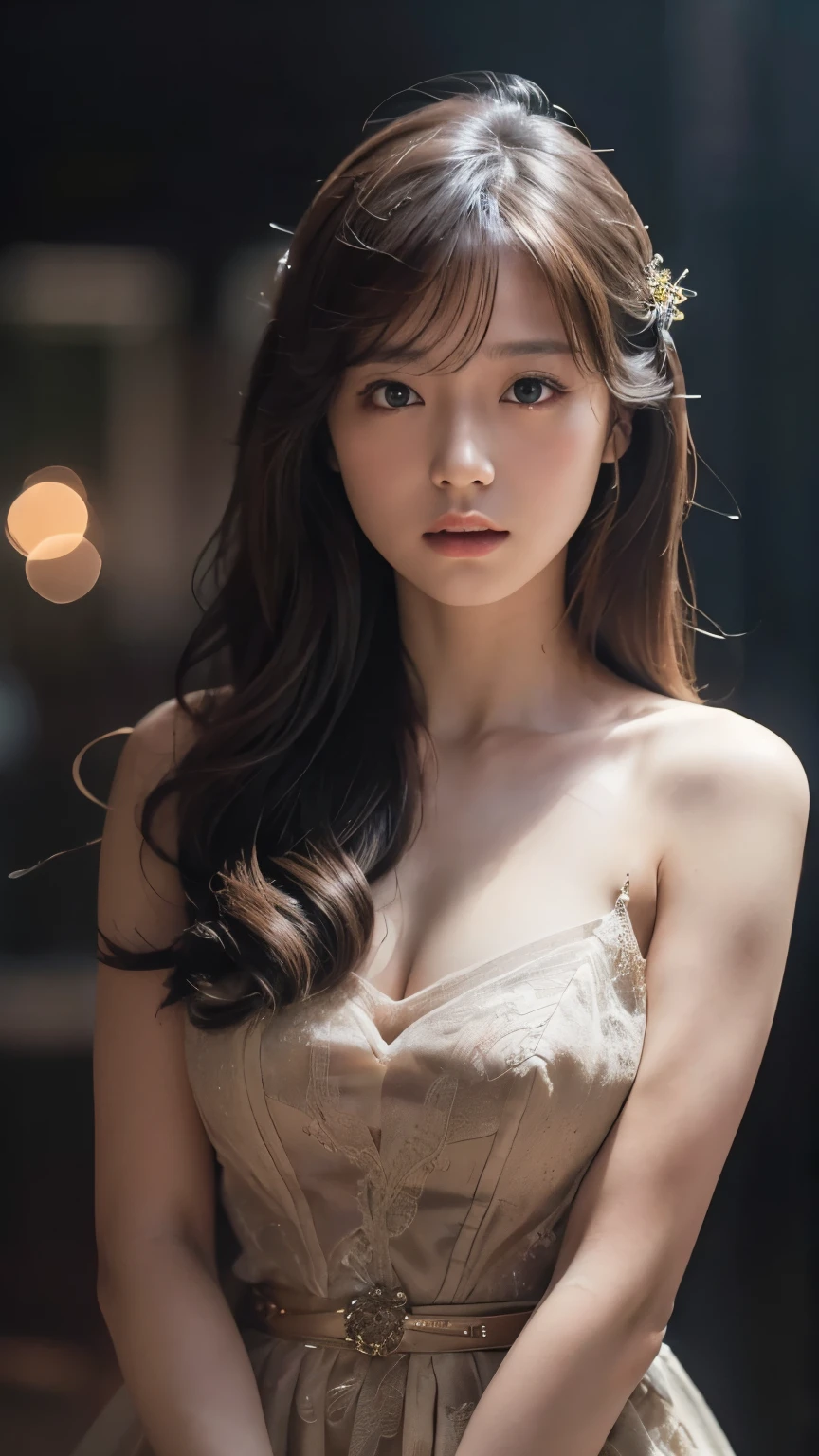 Tabletop、(masterpiece:1.3), (8k, Photorealistic: 1.4, RAW Photos, Best image quality: 1.4), Japanese Idols、Super detailed face、Attention to detail、Genuine、 double eyelid、Big and attractive eyes、Perfectly beautiful eyes、 Sharp focus:1.2、Beautiful woman:1.5、 Light brown hair、 Highest quality、masterpiece、Ultra-high resolution、Depth of written boundary、Perfect Shadow、(Photorealistic:1.4)、 Highly detailed and professional lighting、 Perfectly shaped、Symmetrical face、beautiful girl、Glowing Skin、Sharp focus, Perfect Anatomy,Realistic Light、night、Looking up at meteors、Full body view、