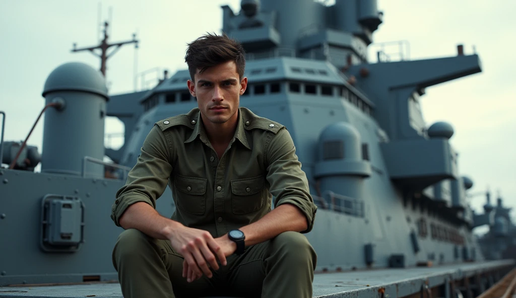 ((best quality)), ((masterpiece)), (detailed), perfect face.A young man sitting on a military ship on Earth