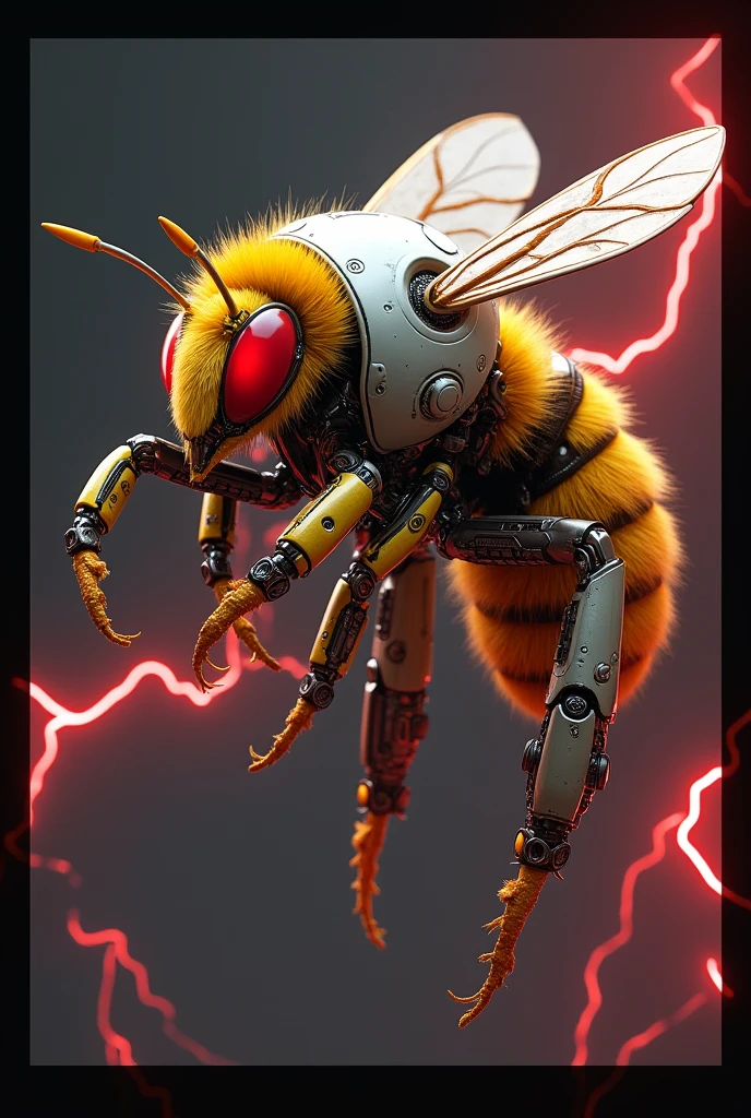 Honey bee with red eye and white robo costume and black border background red lightning male
