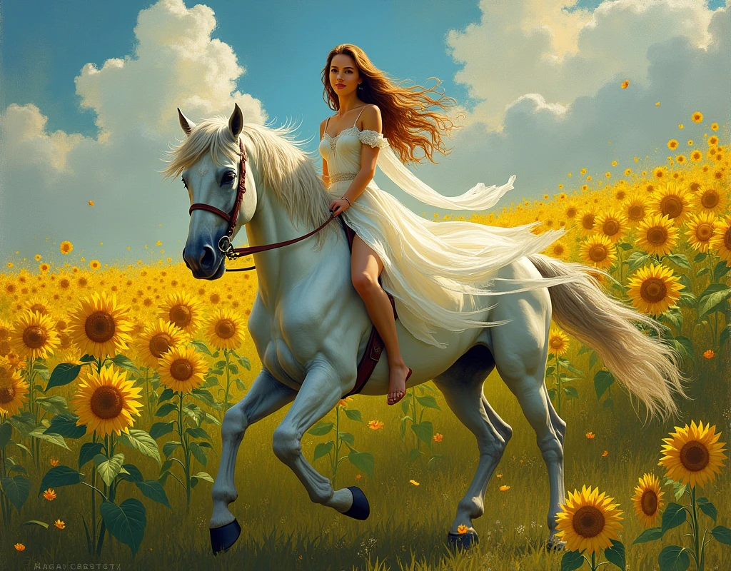 painting of a woman riding a horse with a sunflower in the background, a detailed painting inspired by Vincent van Gogh, deviantart contest winner, fantasy art, amazing fantasy art, beautiful fantasy painting, smiling as a queen of fairies, breathtaking fantasy art, magali villeneuve', beautiful fantasy art, graphic artist magali villeneuve, queen of the fairies, detailed fantasy art, oil on canvas