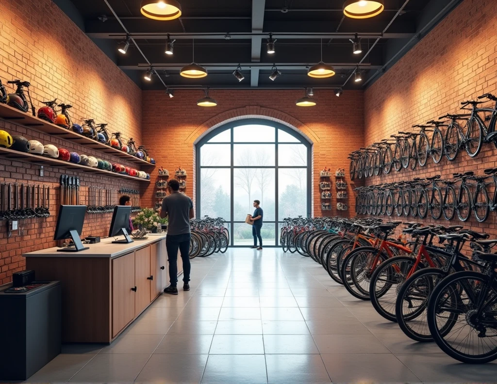 Inside a well-organized bike shop, the scene features a variety of bicycles displayed on both sides of a long, well-lit corridor. The shop has a rustic yet modern aesthetic with exposed brick walls and a clean, tiled floor. On the left side, a wall-mounted display shows a range of colorful bike helmets, while on the right side, bikes of different models and colors are neatly arranged. In the background, there is an archway leading to another section of the store, where more biking gear and accessories are visible. The lighting is warm, creating an inviting atmosphere, and a service desk is positioned at the front left, equipped with a computer and other essentials.