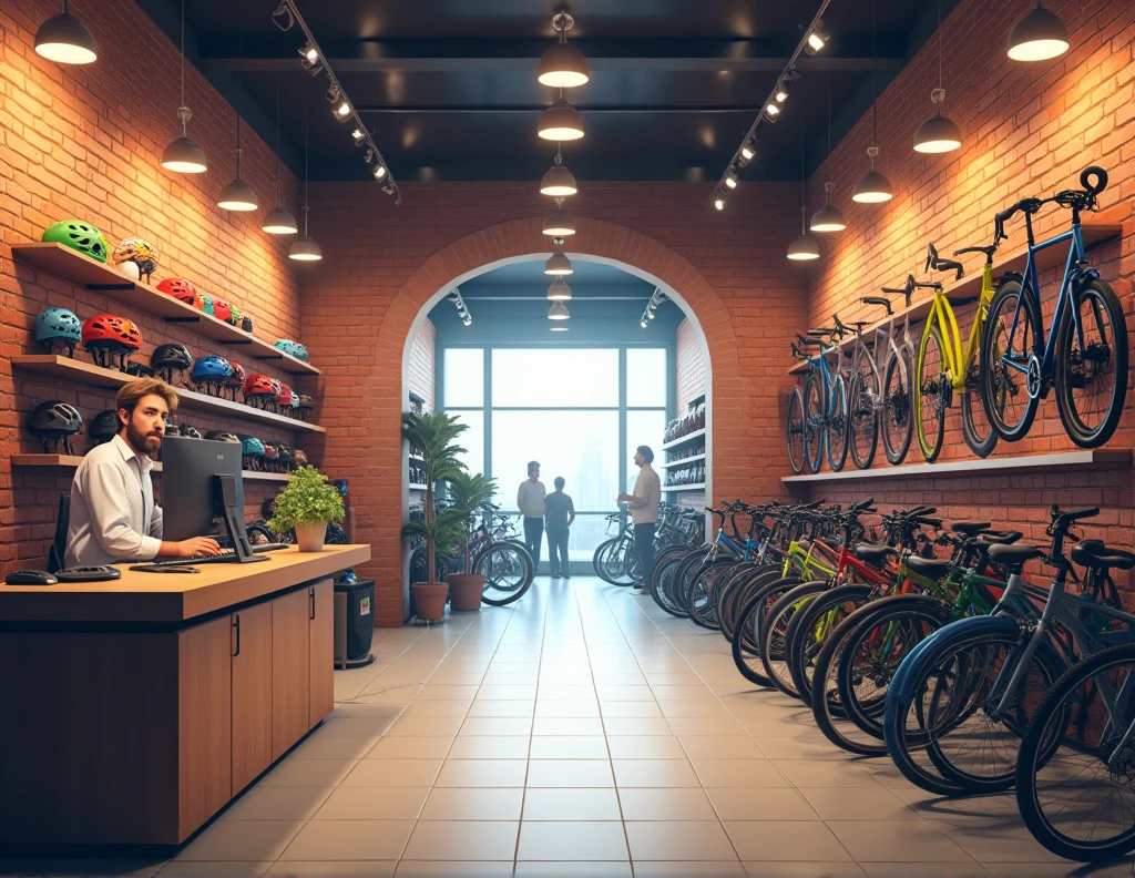 Inside a well-organized bike shop, the scene features a variety of bicycles displayed on both sides of a long, well-lit corridor. The shop has a rustic yet modern aesthetic with exposed brick walls and a clean, tiled floor. On the left side, a wall-mounted display shows a range of colorful bike helmets, while on the right side, bikes of different models and colors are neatly arranged. In the background, there is an archway leading to another section of the store, where more biking gear and accessories are visible. The lighting is warm, creating an inviting atmosphere, and a service desk is positioned at the front left, equipped with a computer and other essentials.