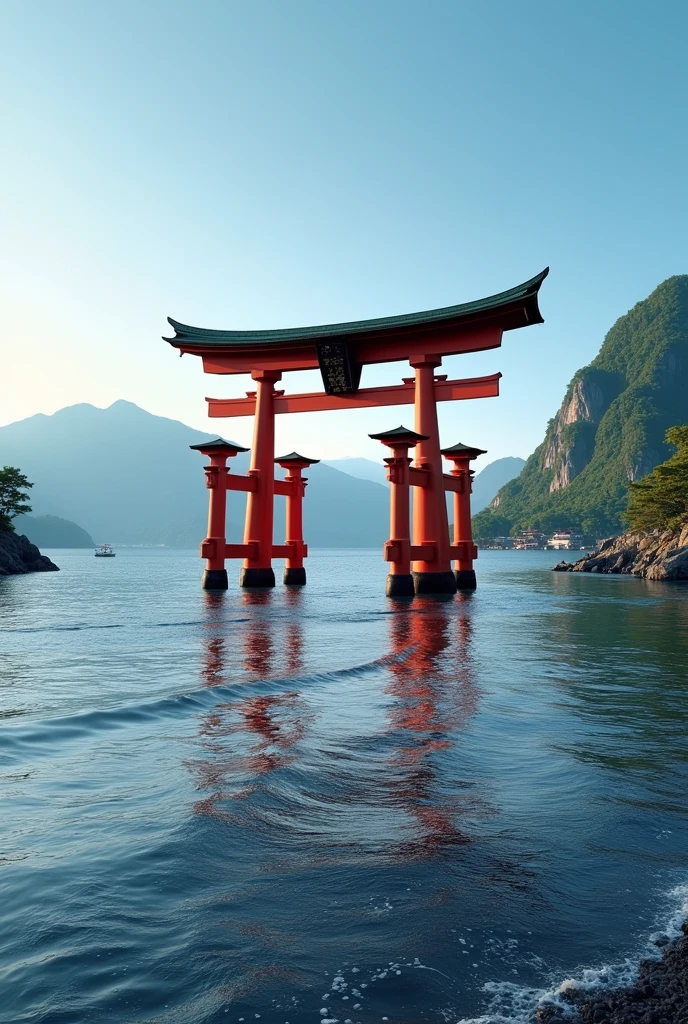 A landscape depicting Itsukushima Shrine in Hiroshima。The large vermilion torii gate floating on the calm sea is the symbol of the shrine.、Blue sky and green mountains々It stands out vividly against the background of。Calm waves spread out in front of the torii gate.、When the tide goes out, the tidal flats appear and you can walk right up to the torii gate.。The shrine corridor stretches along the sea.、Behind、There is a main shrine where history and nature coexist in harmony.、There is a solemn atmosphere。In the evening、The torii gate and shrine are illuminated by the setting sun.、A fantastic landscape unfolds alongside the golden sea.。