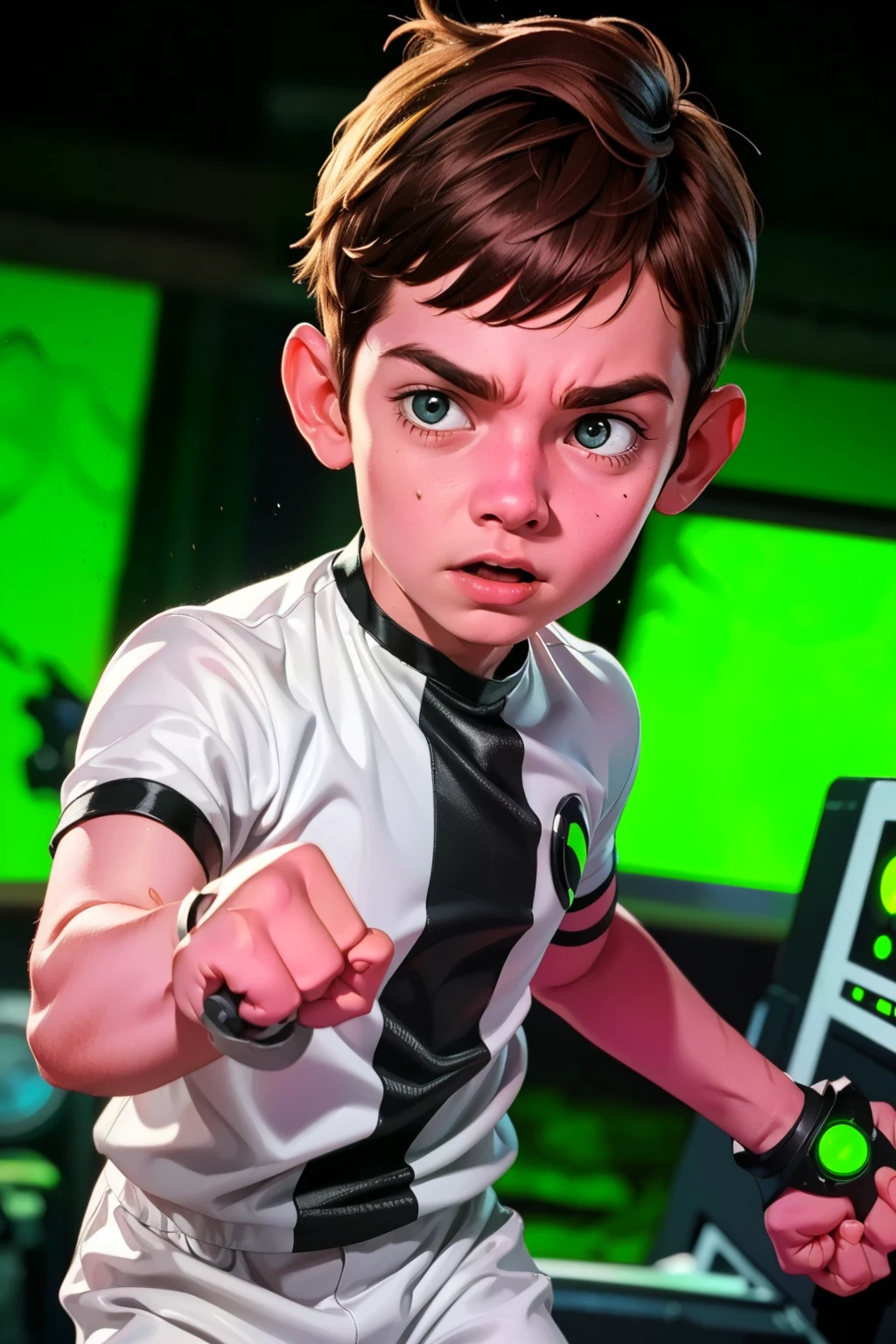 Movie poster, Ben 10 ((A child, *** ))), ((wearing a white outfit with black stripe in the center, showing fist. Machine on arm. Action facial expression )) . highy detailed, face detailed, realisitic, cinematic lighting, studio quality, proffesional, face detailed, intrikate, bright coloured. ((abstract background)).