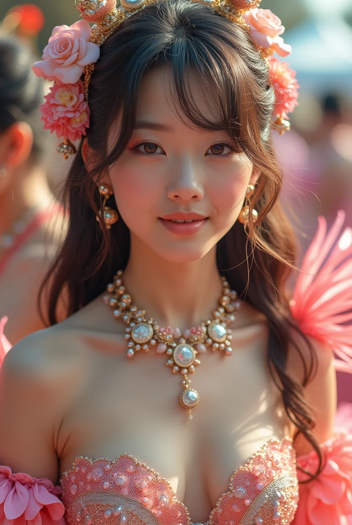 (masterpiece, highest quality:1.4),(8k, raw photo, photorealistic:1.2),(shiny skin),detailed skin,detailed face,detailed eyes,glittery eyes:1.3,symmetrical eyes,detailed background,detailed hands,1 girl,natural makeup,((cute teen)),(white, flashy, colorful outfit),natural breasts,young,trendy hair,((average teen breasts)),((small teen samba girl)),((shiny cleavage)),(very beautiful and cute),(beautiful asian),cute detailed face of girl,detailed and perfect face,cute smile,(super detailed samba costume fancy design, trend),nsfw,sexy instagram style,huge breasts,thin waist,navel,crotch gap,sexy thighs,dynamic pose,golden ratio face,japanese samba carnival,((japanese teenager)),great location,(cowboy shot),breast angle,
