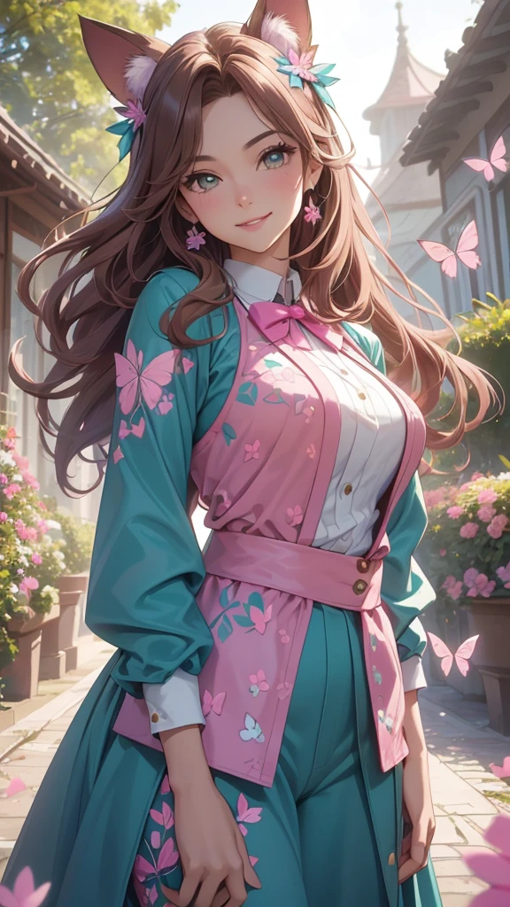 (best quality,4k,8k,highres,masterpiece:1.2),ultra-detailed,(realistic,photorealistic,photo-realistic:1.37),acrylic painting,beautiful Brazilian model in a uniform outfit with downy hair,beautiful Brazilian model with extremely colorful brown hair and detailed facial features,beautiful Brazilian model standing in a beautiful garden sakura flowers, long hair,cat ears, hair bows, teal and pink uniform outfits, smile, happy face,light  brown  hair,butterflies, brown eyes,  mature woman, older woman, 30 year old, adult woman. Older lady, posing,Solo, teal and pink butterflies 