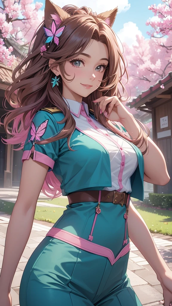(best quality,4k,8k,highres,masterpiece:1.2),ultra-detailed,(realistic,photorealistic,photo-realistic:1.37),acrylic painting,beautiful Brazilian model in a uniform outfit with downy hair,beautiful Brazilian model with extremely colorful brown hair and detailed facial features,beautiful Brazilian model standing in a beautiful garden sakura flowers, long hair,cat ears, hair bows, teal and pink uniform outfits, smile, happy face,light brown hair,butterflies, brown eyes, mature woman, older woman, 30 year old, adult woman. Older lady, posing,Solo, teal and pink butterflies