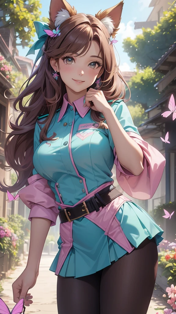 (best quality,4k,8k,highres,masterpiece:1.2),ultra-detailed,(realistic,photorealistic,photo-realistic:1.37),acrylic painting,beautiful Brazilian model in a uniform outfit with downy hair,beautiful Brazilian model with extremely colorful brown hair and detailed facial features,beautiful Brazilian model standing in a beautiful garden sakura flowers, long hair,cat ears, hair bows, teal and pink uniform outfits, smile, happy face,light  brown  hair,butterflies, brown eyes,  mature woman, older woman, 30 year old, adult woman. Older lady, posing,Solo, teal and pink butterflies 