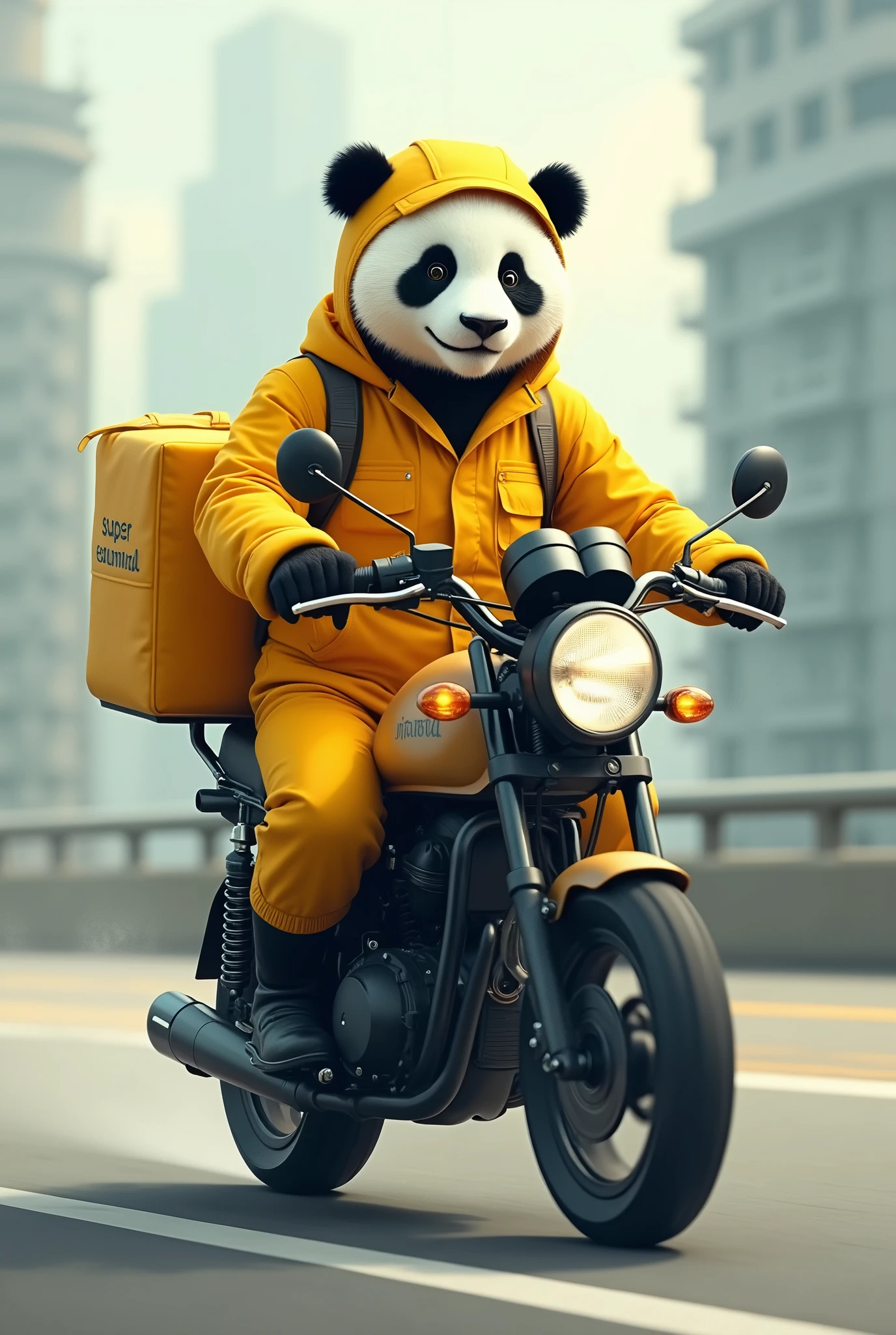 Pandinha Bear, in a yellow uniform, with the super economical name logo, riding a motorbike, with a delivery backpack on his back, Futurism, Social realism, Minimalism, Minimalism, motion lines