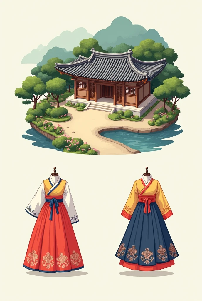 *Illustrations:** Three distinct images showcasing:
1. A Korean pavilion (Hanok) – A traditional house surrounded by nature.
2. A Hanbok dress – Displayed in full view, highlighting its elegance.
3. A traditional drum (Buk) – Decorated with traditional patterns.
- **Labels:**
- "The 'Hanok,' traditional Korean house, symbolizes harmony with nature."
- "The 'Hanbok,' the traditional dress, represents grace and beauty."
- "The 'Buk,' traditional drum, beats to the rhythm of Korea’s spirit."